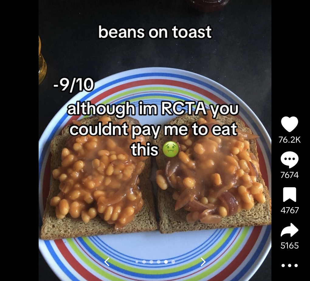 British beans on toast on a plate in a TikTok video